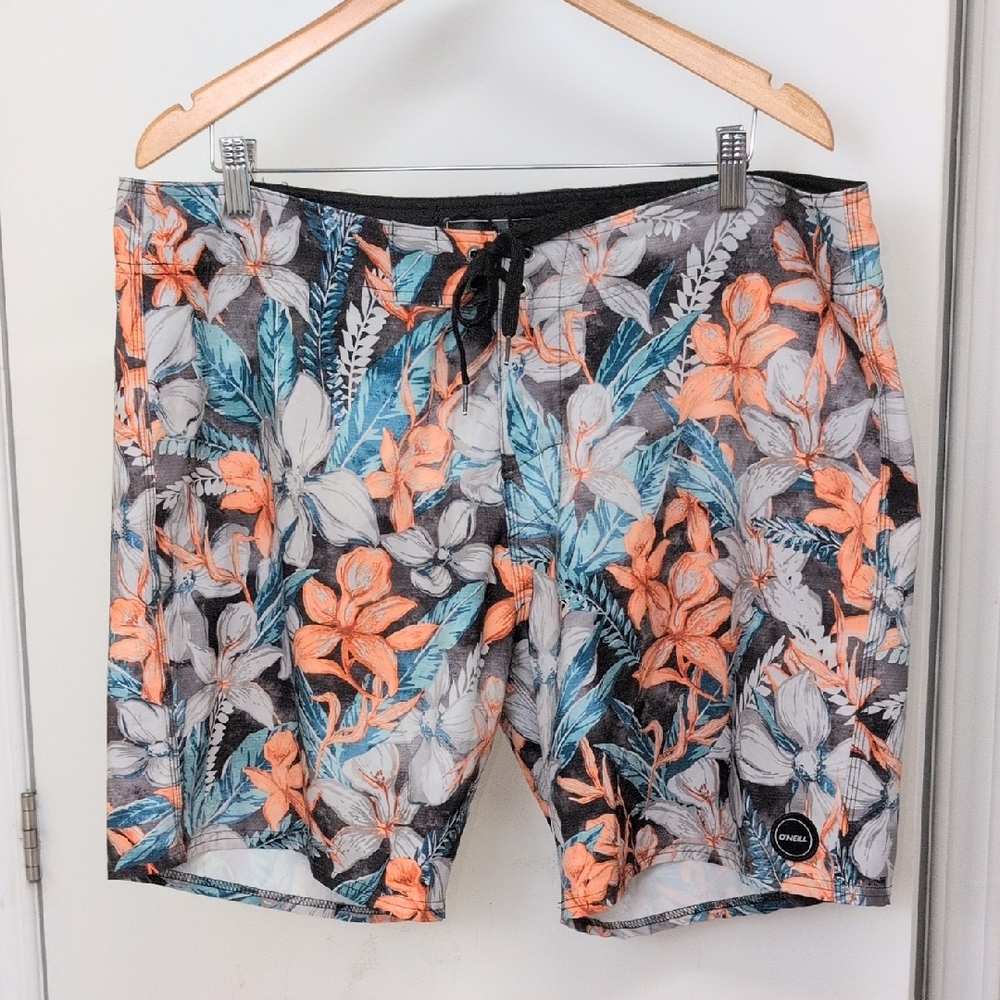 O'Neill Floral Men Swim Board Shorts - Orange and Blue